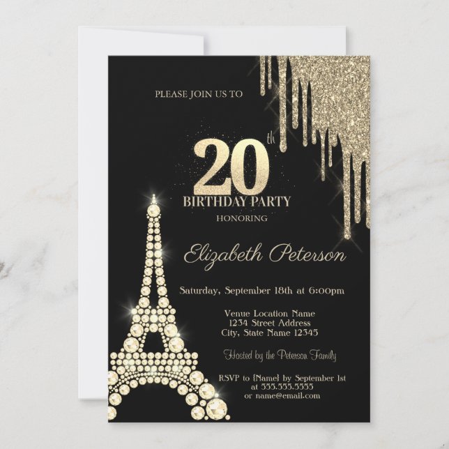 Invitación Glitter Drips,Eiffel Tower Diamonds 20th Birthday (Anverso)