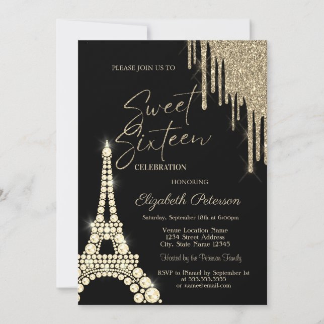 Invitación Glitter Drips,Eiffel Tower Diamonds Sweet 16 (Anverso)