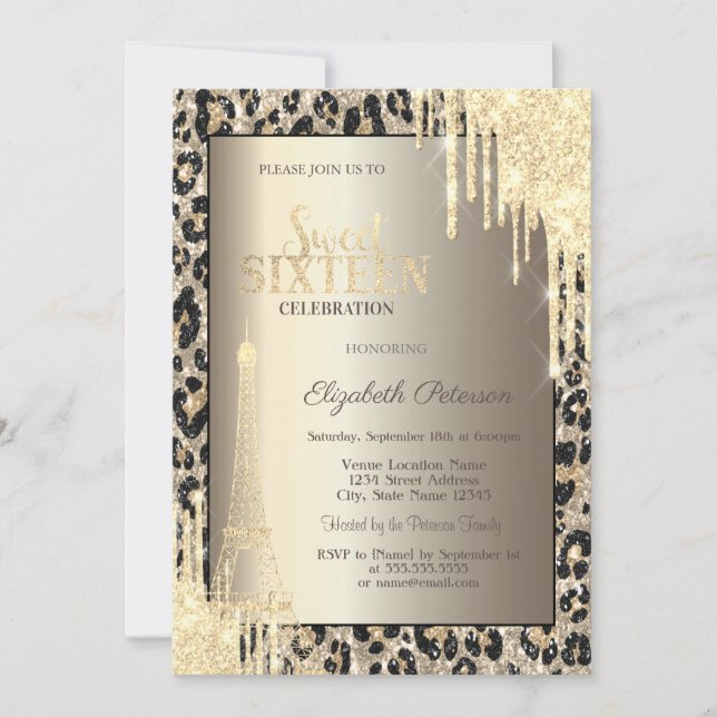 Invitación Glitter Drips, Eiffel Tower Leopard Print Sweet 16 (Anverso)