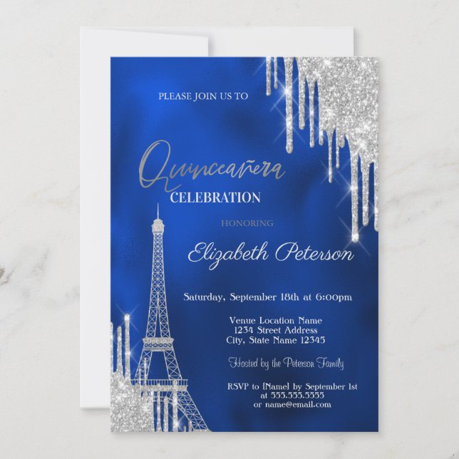 Invitación Glitter Drips, Eiffel Tower Royal Blue Quinceañera (Anverso)