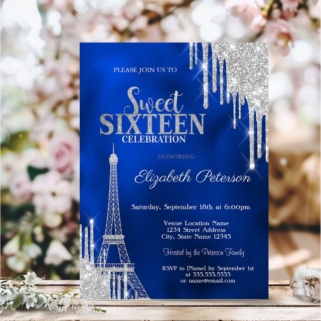 Invitación Glitter Drips, Eiffel Tower Royal Blue Sweet 16 (Subido por el creador)
