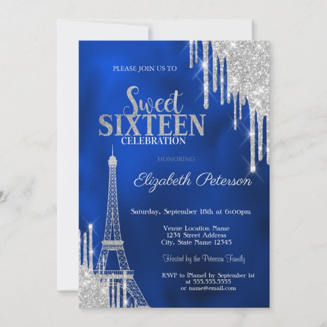 Invitación Glitter Drips, Eiffel Tower Royal Blue Sweet 16 (Anverso)