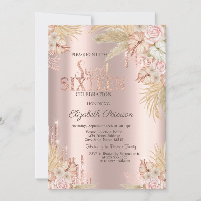 Invitación Glitter Drips, Flores de hierba de Pampas Dulces 1 (Anverso)