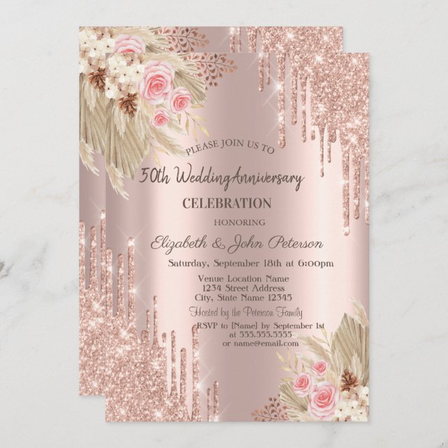 Invitación Glitter Drips,Flower Rose Gold Boda Aniversario (Anverso / Reverso)
