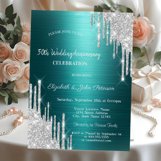 Invitación Glitter Drips Green Wedding Anniversary