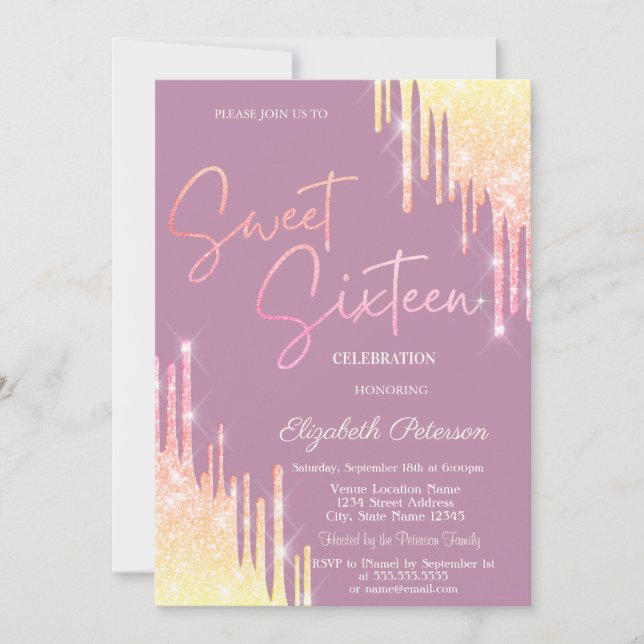 Invitación  Glitter Drips Light Blue Sweet 16   (Anverso)
