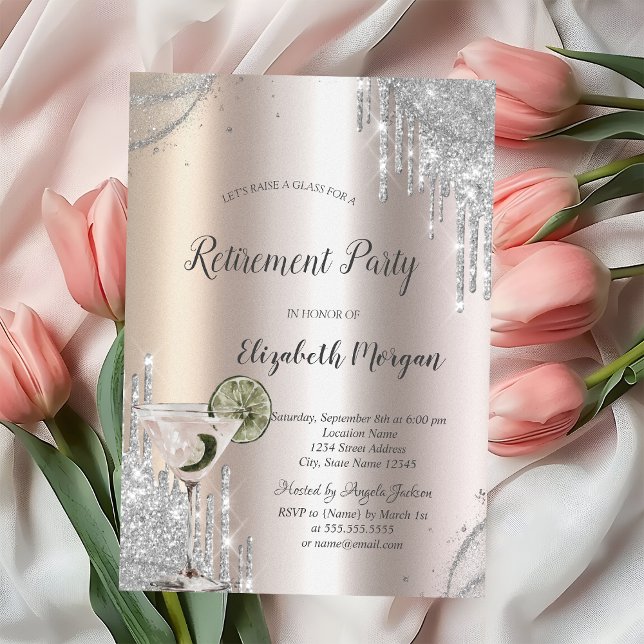 Invitación Glitter Drips Martini Rose Gold Retirement (Subido por el creador)