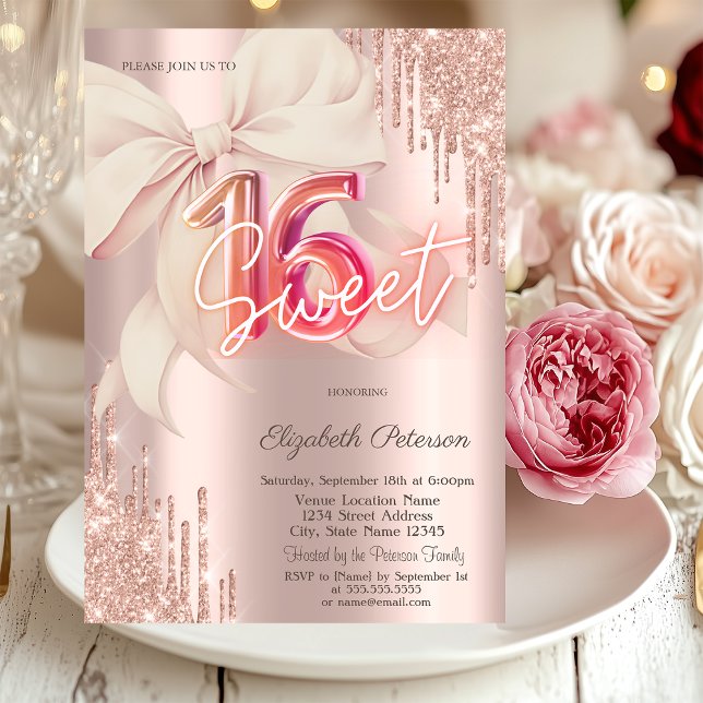 Invitación Glitter Drips Pink Bow Rose Gold Shiny Sweet 16 (Subido por el creador)