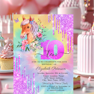 Invitación Glitter Drips Pony Tie Dye 10º Cumpleaños 