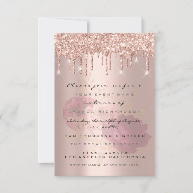 Invitación Glitter Drips Rosa de Oro  Bridal Dulces 16 Marsal (Anverso)
