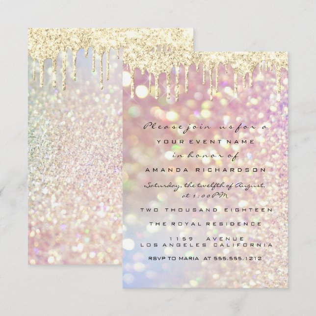Invitación Glitter Drips Rosa Dorado  Dulce 16 Bodas Lux (Anverso / Reverso)