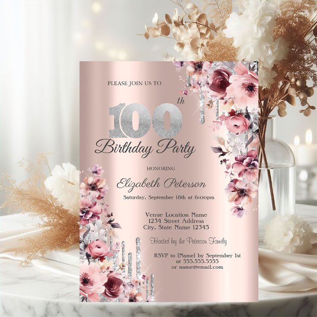 Invitación Glitter Drips Rosa Dorado Floral 100º  (Subido por el creador)