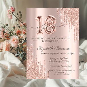 Invitación Glitter Drips Rosa Dorado Globo Cumpleaños 18