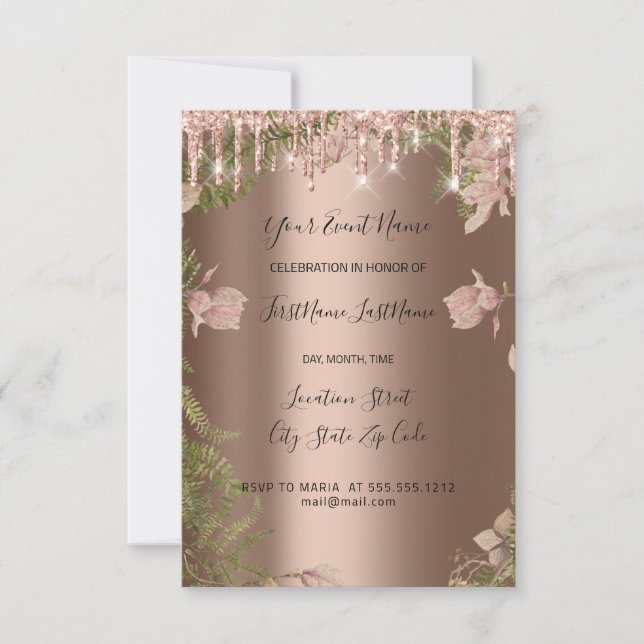Invitación Glitter Drips Rosa Florales Bodas Corona  (Anverso)