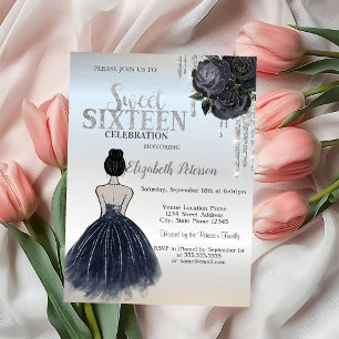 Invitación Glitter Drips, Rosas de Vestido Azul Oscuro Dulces