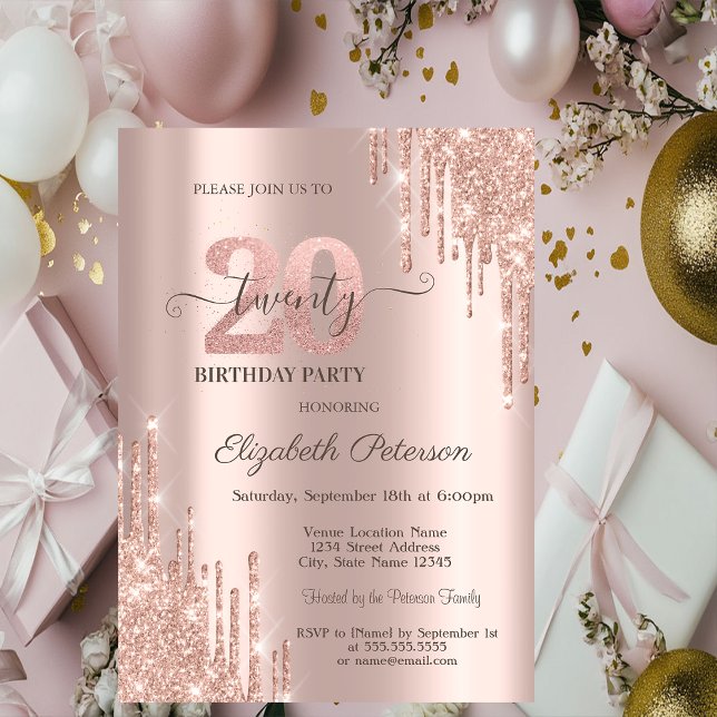 Invitación Glitter Drips Rose Gold 20th Birthday Party (Subido por el creador)