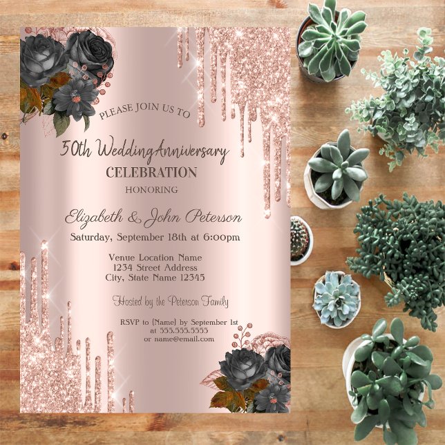 Invitación Glitter Drips Rose Gold Black Roses Wedding (Subido por el creador)