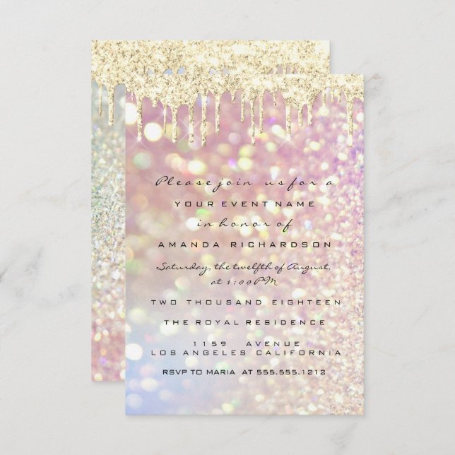 Invitación Glitter Drips Rose Gold  Bridal Dulces 16 años Lux (Anverso / Reverso)