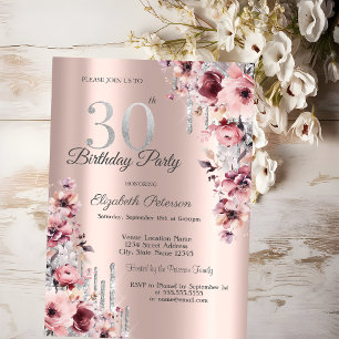 Invitación Glitter Drips Rose Gold Rosa Floral 30 Cumpleaños