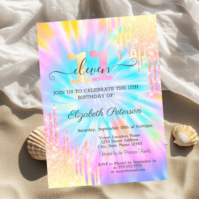 Invitación Glitter Drips Tie Dye 11º Cumpleaños (Subido por el creador)