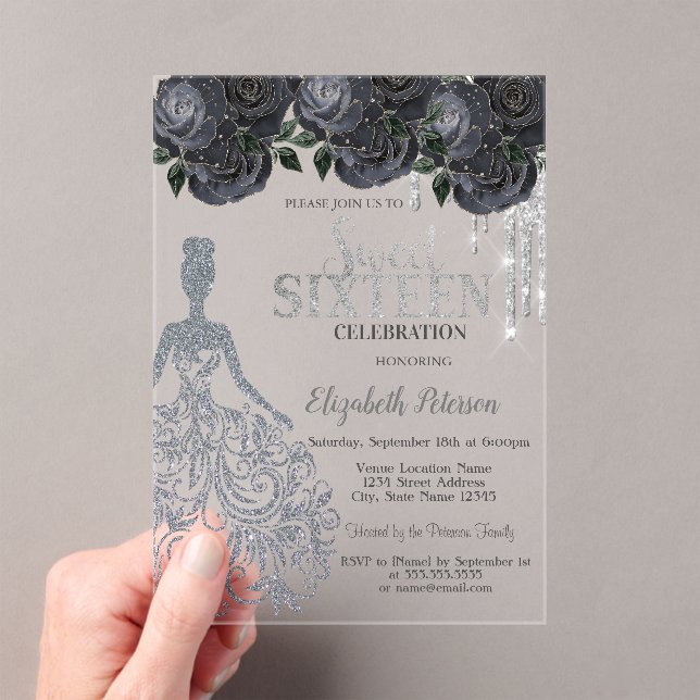 Invitación Glitter Drips, Vestido Rosas Negras Swe (Insitu (portátil))