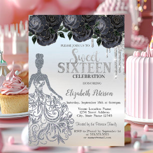 Invitación Glitter Drips, Vestido Rosas Negras Swe