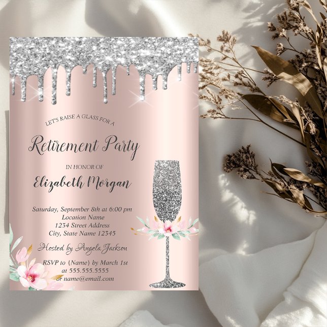 Invitación Glitter Drops,Glass, Floral Rose Gold Retirement (Subido por el creador)