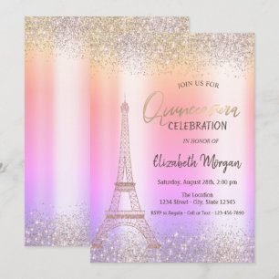 Invitación Glitter Eiffel Confetti Ombre Quinceañera