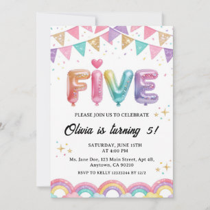 Invitación Glitter FIVE Femenino Cumpleaños 5 Arcoíris Lentej
