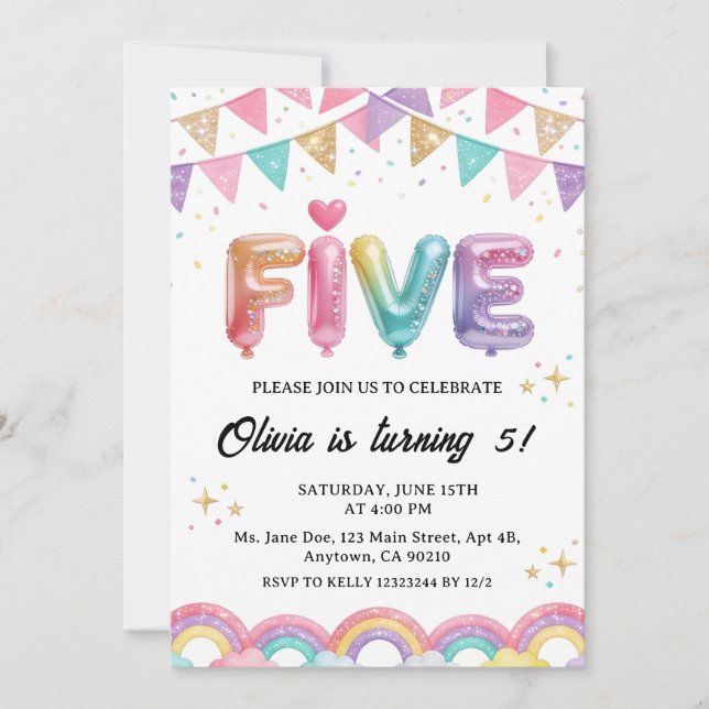 Invitación Glitter FIVE Girly Rainbow Sequin 5th Birthday (Anverso)