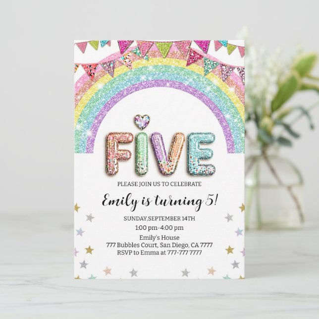 Invitación Glitter FIVE Girly Rainbow Sequin 5th Birthday (Anverso de pie)