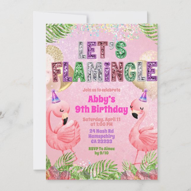 Invitación Glitter Flamingle Sequin Girl Birthday  (Anverso)