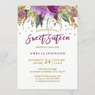 Invitación Glitter Floral Brillante Amatista Dulces Dieciséis