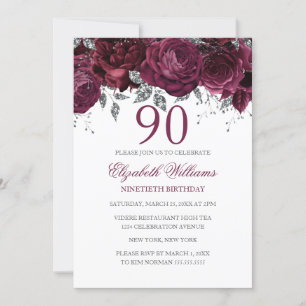 Invitación Glitter Floral Brillante Borgoña Cumpleaños 90