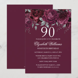Invitación Glitter Floral Burgundy Plata Cumpleaños 90