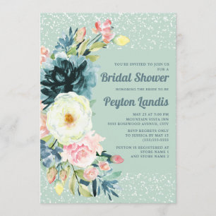 Invitación Glitter Floral Crema Rosa Neo Menta Despedida de S