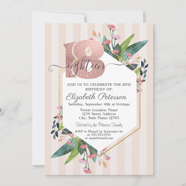 Invitación Glitter Floral de Rayas Moderno Cumpleaños 18  (Anverso)