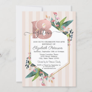 Invitación Glitter Floral de Rayas Moderno Cumpleaños 18