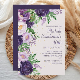 Invitación Glitter Floral Púrpura Cumpleaños 40