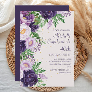 Invitación Glitter Floral Púrpura Cumpleaños 40