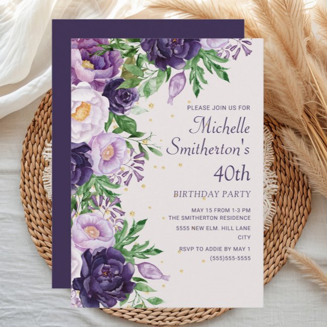 Invitación Glitter Floral Púrpura Cumpleaños 40 (Purple watercolor floral women's 40th birthday party invitation)