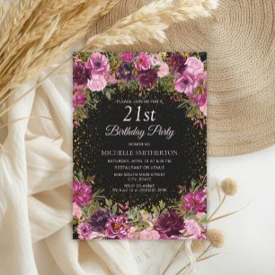 Invitación Glitter Floral Rosa Borgoña Cumpleaños 21 Negro