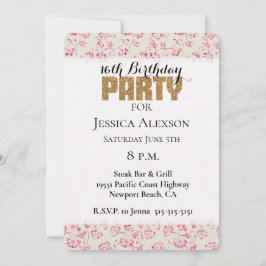 Invitación Glitter Floral Rosa Crema Fiesta con Glitter Dorad