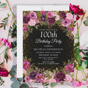 Invitación Glitter Floral Rosa Púrpura Cumpleaños 100 Negro