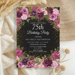 Invitación Glitter Floral Rosa Purpura Cumpleaños 75