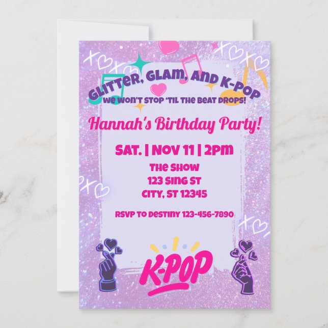 Invitación Glitter, Glam, & K-Pop Birthday Party (Anverso)