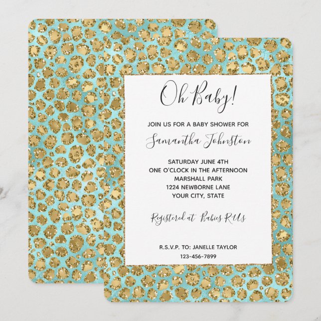 Invitación Glitter Glitz Leopardo Aqua Mint Dorado (Anverso / Reverso)