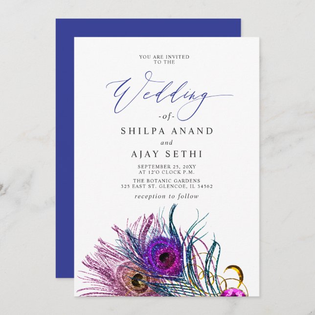 Invitación Glitter Gold Blue Purple Peacock Plume Wedding (Anverso / Reverso)