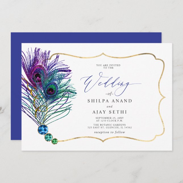 Invitación Glitter Gold Blue Purple Peacock Plume Wedding (Anverso / Reverso)