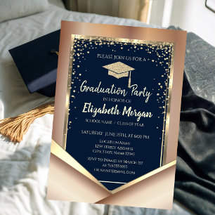 Invitación Glitter Gold Diamantes Azul Marino Graduación 